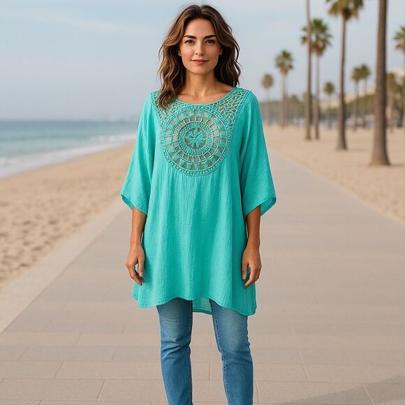 One Size Linen Crochet Batwinh Tunic Blouse Coverup Size O/S Feminine Coquette - Picture 1 of 7